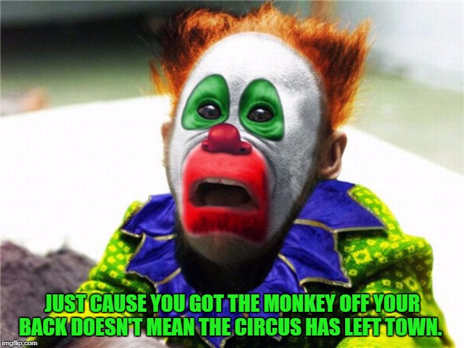 Circus Monkey | JUST CAUSE YOU GOT THE MONKEY OFF YOUR BACK DOESN'T MEAN THE CIRCUS HAS LEFT TOWN. | image tagged in circus monkey | made w/ Imgflip meme maker