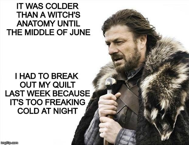 Brace Yourselves X is Coming Meme | IT WAS COLDER THAN A WITCH'S ANATOMY UNTIL THE MIDDLE OF JUNE I HAD TO BREAK OUT MY QUILT LAST WEEK BECAUSE IT'S TOO FREAKING COLD AT NIGHT | image tagged in memes,brace yourselves x is coming | made w/ Imgflip meme maker