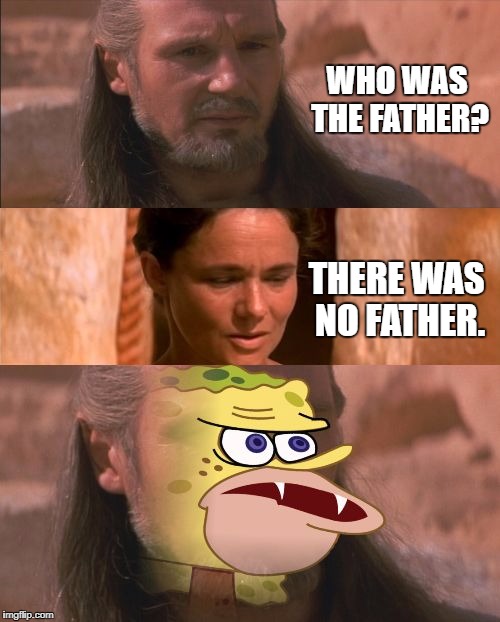 WHO WAS THE FATHER? THERE WAS NO FATHER. | image tagged in qui-gon spongebob | made w/ Imgflip meme maker
