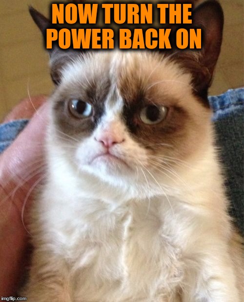 Grumpy Cat Meme | NOW TURN THE POWER BACK ON | image tagged in memes,grumpy cat | made w/ Imgflip meme maker