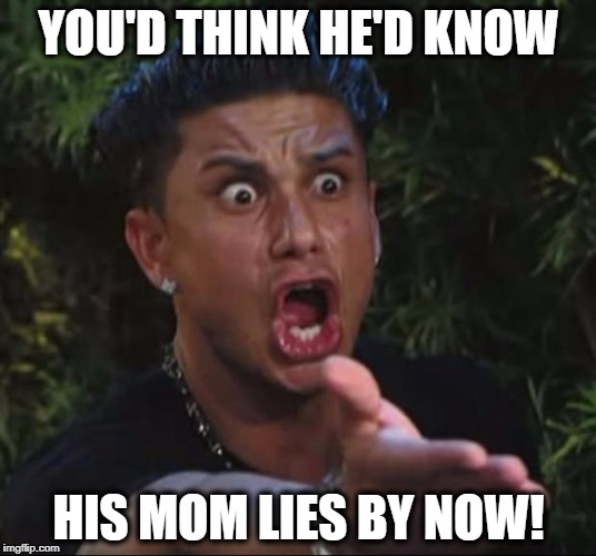 for crying out loud | YOU'D THINK HE'D KNOW HIS MOM LIES BY NOW! | image tagged in for crying out loud | made w/ Imgflip meme maker