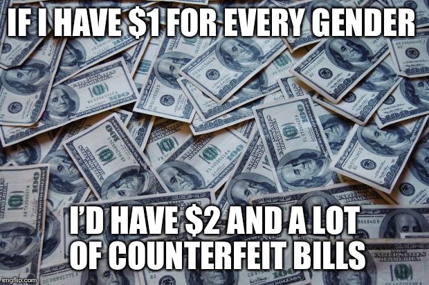 Counterfeit money isn’t real. | IF I HAVE $1 FOR EVERY GENDER; I’D HAVE $2 AND A LOT OF COUNTERFEIT BILLS | image tagged in moneyxxx,this is a tag,memes | made w/ Imgflip meme maker