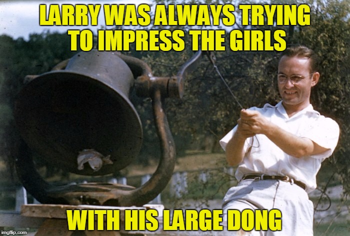 Ringing The Bell | LARRY WAS ALWAYS TRYING TO IMPRESS THE GIRLS; WITH HIS LARGE DONG | image tagged in memes,bell | made w/ Imgflip meme maker