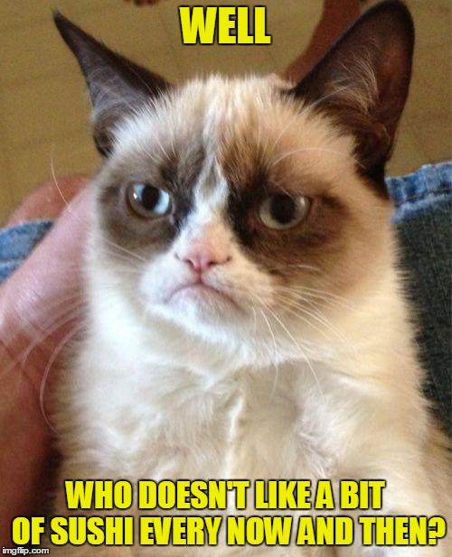 Grumpy Cat Meme | WELL WHO DOESN'T LIKE A BIT OF SUSHI EVERY NOW AND THEN? | image tagged in memes,grumpy cat | made w/ Imgflip meme maker