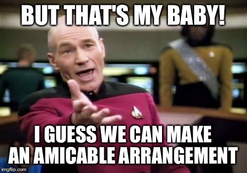 Picard Wtf Meme | BUT THAT'S MY BABY! I GUESS WE CAN MAKE AN AMICABLE ARRANGEMENT | image tagged in memes,picard wtf | made w/ Imgflip meme maker
