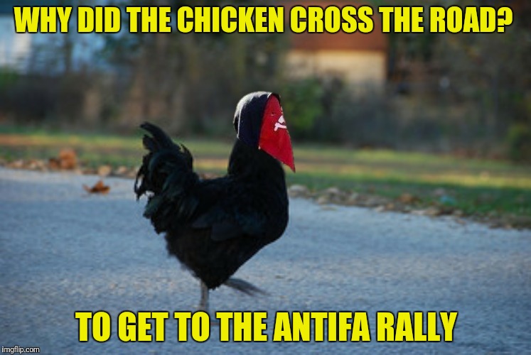 If you wear a mask to a rally, you might be a chicken (just ask The KKK) | WHY DID THE CHICKEN CROSS THE ROAD? TO GET TO THE ANTIFA RALLY | image tagged in why did the chicken cross the road,antifa | made w/ Imgflip meme maker