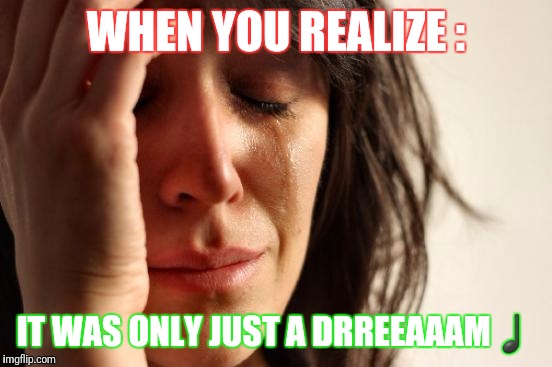 First World Problems Meme | WHEN YOU REALIZE :; IT WAS ONLY JUST A DRREEAAAM♩ | image tagged in memes,first world problems | made w/ Imgflip meme maker