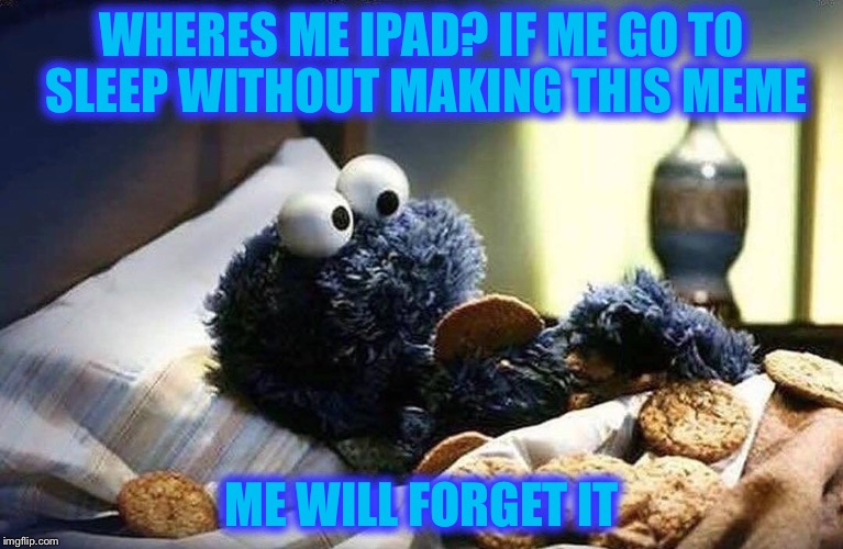 WHERES ME IPAD? IF ME GO TO SLEEP WITHOUT MAKING THIS MEME; ME WILL FORGET IT | image tagged in cookie monster,memes,funny | made w/ Imgflip meme maker