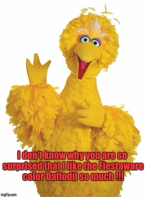 Big Bird | I don't know why you are so surprised that I like the Fiestaware color Daffodil so much !!! | image tagged in big bird | made w/ Imgflip meme maker