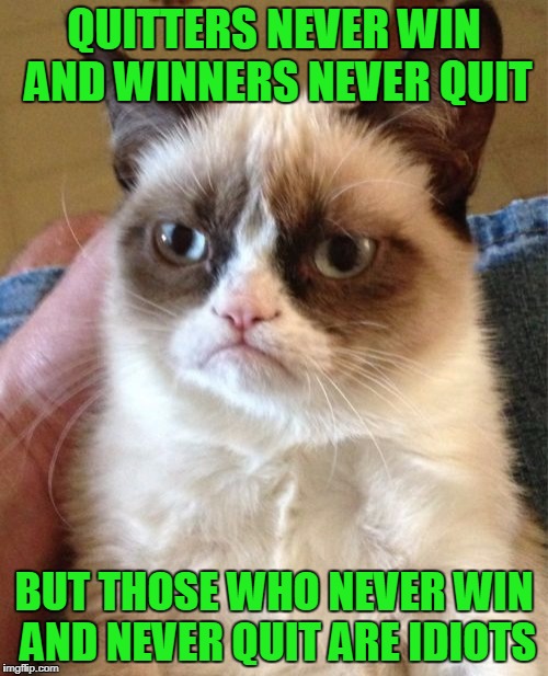 Grumpy Cat Meme | QUITTERS NEVER WIN AND WINNERS NEVER QUIT; BUT THOSE WHO NEVER WIN AND NEVER QUIT ARE IDIOTS | image tagged in memes,grumpy cat | made w/ Imgflip meme maker