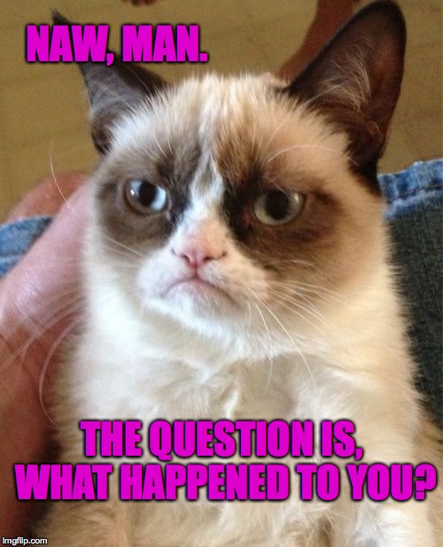Grumpy Cat Meme | NAW, MAN. THE QUESTION IS, WHAT HAPPENED TO YOU? | image tagged in memes,grumpy cat | made w/ Imgflip meme maker