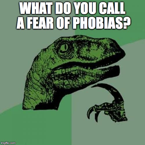 Fear Of Phobias | WHAT DO YOU CALL A FEAR OF PHOBIAS? | image tagged in memes,philosoraptor | made w/ Imgflip meme maker