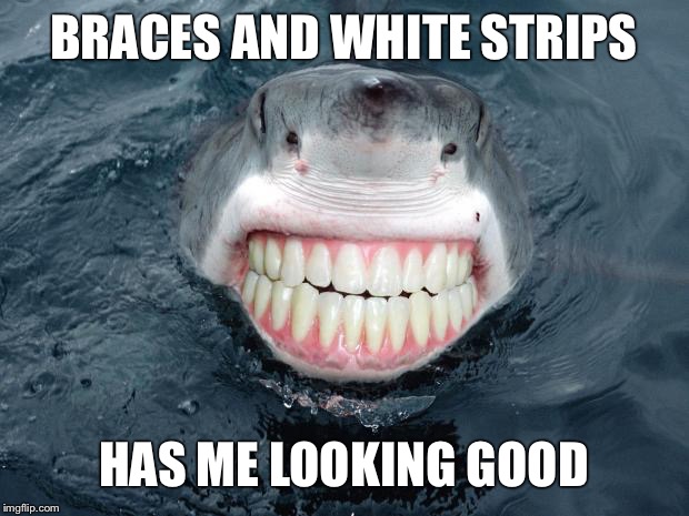sharkteeth | BRACES AND WHITE STRIPS; HAS ME LOOKING GOOD | image tagged in sharkteeth | made w/ Imgflip meme maker