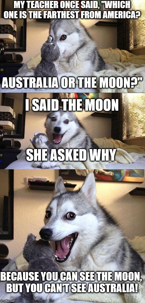 Trying to be smart even though I'm wrong | MY TEACHER ONCE SAID, "WHICH ONE IS THE FARTHEST FROM AMERICA? AUSTRALIA OR THE MOON?"; I SAID THE MOON; SHE ASKED WHY; BECAUSE YOU CAN SEE THE MOON, BUT YOU CAN'T SEE AUSTRALIA! | image tagged in memes,bad pun dog,moon,school | made w/ Imgflip meme maker