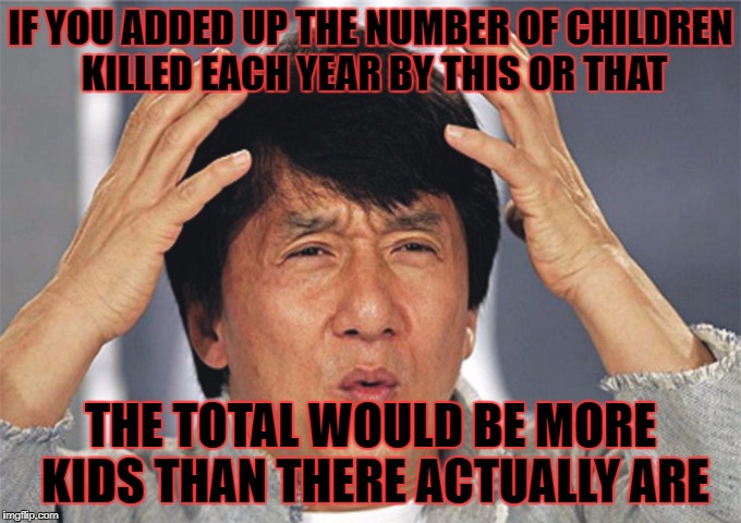 IF YOU ADDED UP THE NUMBER OF CHILDREN KILLED EACH YEAR BY THIS OR THAT THE TOTAL WOULD BE MORE KIDS THAN THERE ACTUALLY ARE | made w/ Imgflip meme maker