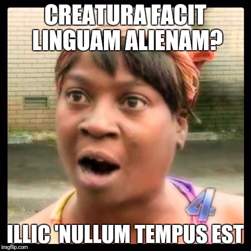 Custom template, not in English. Mods, please feature my meme. | CREATURA FACIT LINGUAM ALIENAM? ILLIC 'NULLUM TEMPUS EST | image tagged in sweet brown,aint nobody got time for that,foreign language memes,latin,trolls | made w/ Imgflip meme maker