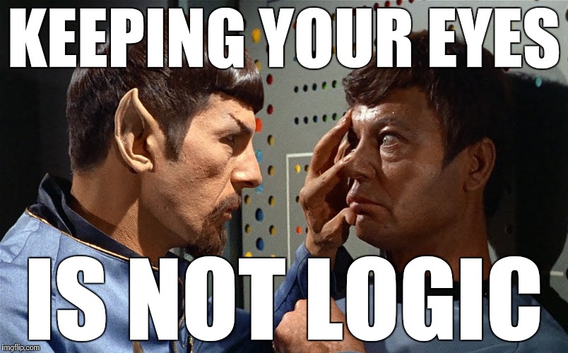 spock n bones | KEEPING YOUR EYES IS NOT LOGIC | image tagged in spock n bones | made w/ Imgflip meme maker