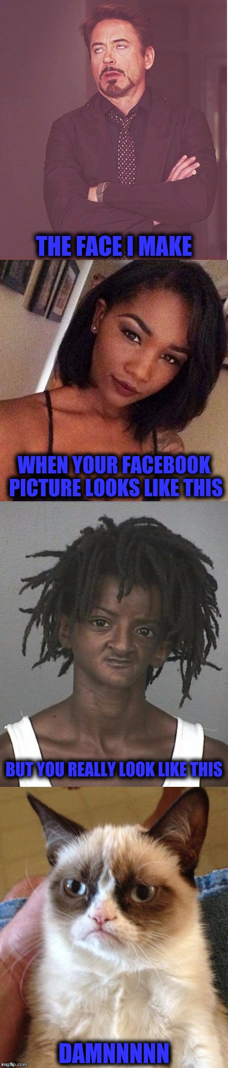 So Many Fake Profiles! | THE FACE I MAKE; WHEN YOUR FACEBOOK PICTURE LOOKS LIKE THIS; BUT YOU REALLY LOOK LIKE THIS; DAMNNNNN | image tagged in memes,facebook scamers,y u no look like picture | made w/ Imgflip meme maker