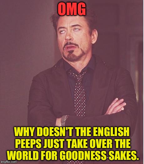 Face You Make Robert Downey Jr Meme | OMG; WHY DOESN'T THE ENGLISH PEEPS JUST TAKE OVER THE WORLD FOR GOODNESS SAKES. | image tagged in memes,face you make robert downey jr | made w/ Imgflip meme maker