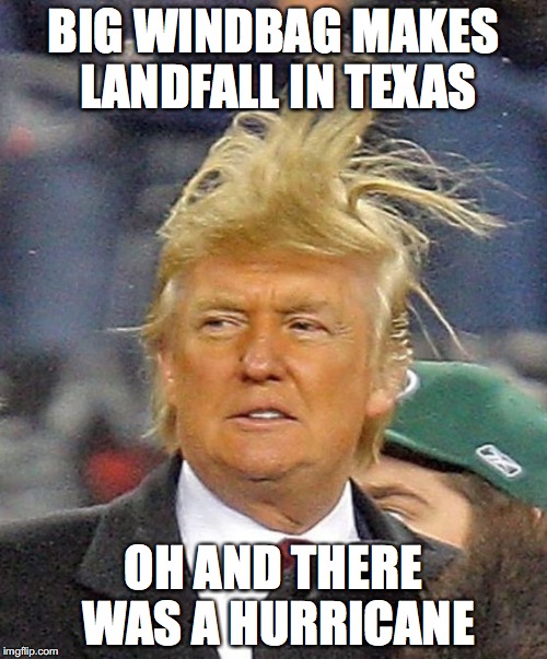 Big windbag does lots of damage | BIG WINDBAG MAKES LANDFALL IN TEXAS; OH AND THERE WAS A HURRICANE | image tagged in donald trumph hair,donald trump,hurricane harvey | made w/ Imgflip meme maker