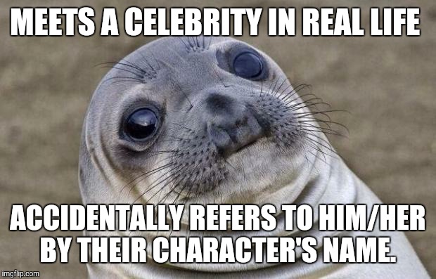 One of my biggest fears.  | MEETS A CELEBRITY IN REAL LIFE; ACCIDENTALLY REFERS TO HIM/HER BY THEIR CHARACTER'S NAME. | image tagged in memes,awkward moment sealion,celebrities,character,name,fml | made w/ Imgflip meme maker