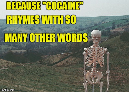 Skeleton vacation | BECAUSE "COCAINE" MANY OTHER WORDS RHYMES WITH SO | image tagged in skeleton vacation | made w/ Imgflip meme maker