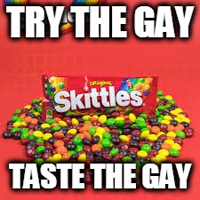 TRY THE GAY; TASTE THE GAY | image tagged in gay,taste,skittles | made w/ Imgflip meme maker