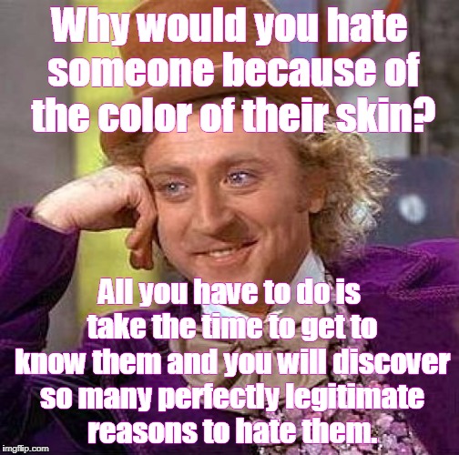 Racism is stupid. | Why would you hate someone because of the color of their skin? All you have to do is take the time to get to know them and you will discover so many perfectly legitimate reasons to hate them. | image tagged in memes,creepy condescending wonka,no racism,stupid | made w/ Imgflip meme maker