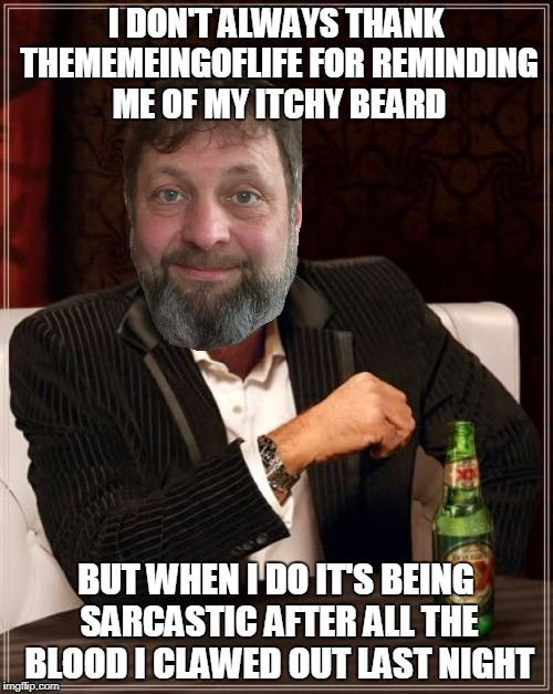 I DON'T ALWAYS THANK THEMEMEINGOFLIFE FOR REMINDING ME OF MY ITCHY BEARD BUT WHEN I DO IT'S BEING SARCASTIC AFTER ALL THE BLOOD I CLAWED OUT | made w/ Imgflip meme maker