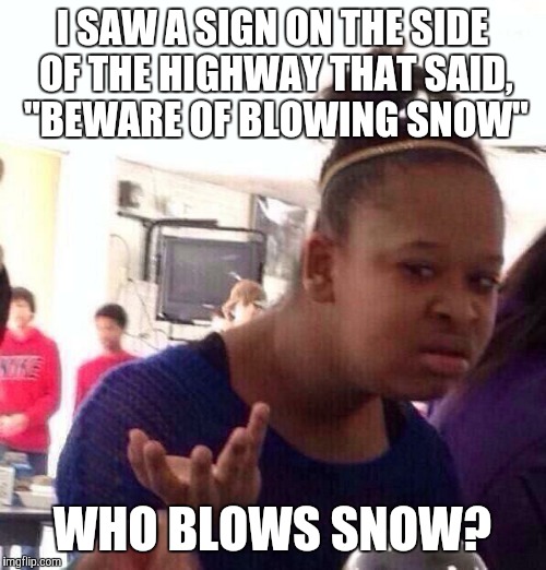 Black Girl Wat | I SAW A SIGN ON THE SIDE OF THE HIGHWAY THAT SAID, "BEWARE OF BLOWING SNOW"; WHO BLOWS SNOW? | image tagged in memes,black girl wat | made w/ Imgflip meme maker
