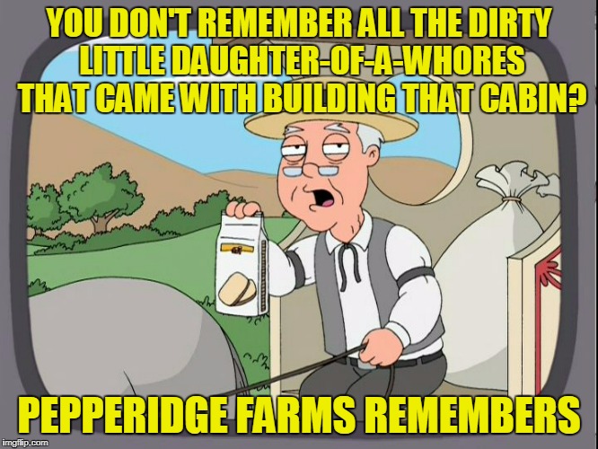 YOU DON'T REMEMBER ALL THE DIRTY LITTLE DAUGHTER-OF-A-W**RES THAT CAME WITH BUILDING THAT CABIN? PEPPERIDGE FARMS REMEMBERS | made w/ Imgflip meme maker