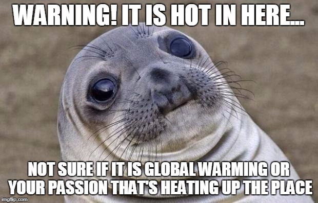 Awkward Moment Sealion Meme | WARNING! IT IS HOT IN HERE... NOT SURE IF IT IS GLOBAL WARMING OR YOUR PASSION THAT'S HEATING UP THE PLACE | image tagged in memes,awkward moment sealion | made w/ Imgflip meme maker