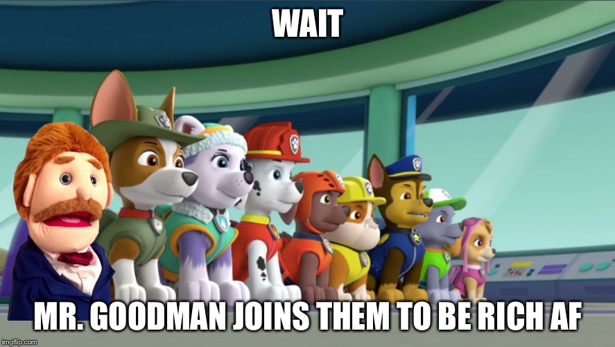 All 8 PAW Patrol Pups At The Lookout | WAIT; MR. GOODMAN JOINS THEM TO BE RICH AF | image tagged in all 8 paw patrol pups at the lookout | made w/ Imgflip meme maker