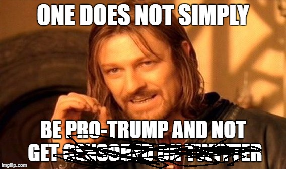 One more political meme | ONE DOES NOT SIMPLY; BE PRO-TRUMP AND NOT GET CENSORED ON TWITTER | image tagged in memes,one does not simply | made w/ Imgflip meme maker