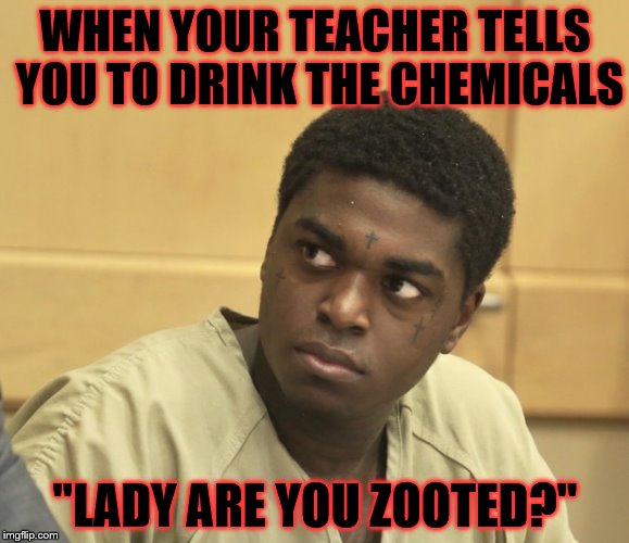 Kodak Black  | WHEN YOUR TEACHER TELLS YOU TO DRINK THE CHEMICALS; "LADY ARE YOU ZOOTED?" | image tagged in kodak black | made w/ Imgflip meme maker