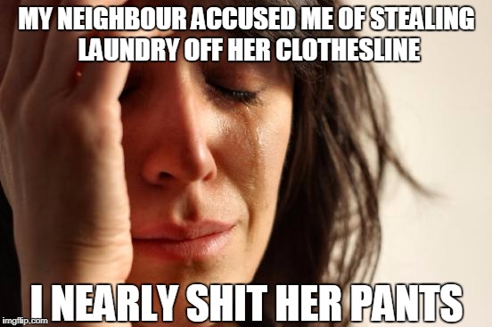 First World Problems | MY NEIGHBOUR ACCUSED ME OF STEALING LAUNDRY OFF HER CLOTHESLINE; I NEARLY SHIT HER PANTS | image tagged in memes,first world problems | made w/ Imgflip meme maker