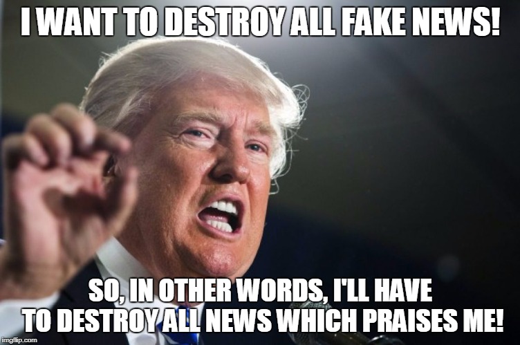 donald trump | I WANT TO DESTROY ALL FAKE NEWS! SO, IN OTHER WORDS, I'LL HAVE TO DESTROY ALL NEWS WHICH PRAISES ME! | image tagged in donald trump | made w/ Imgflip meme maker