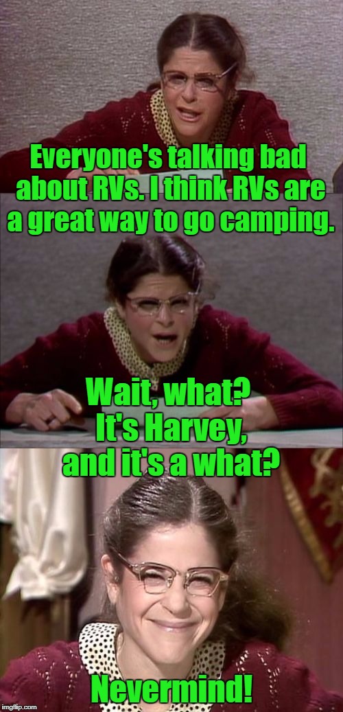 Who names the hurricanes, honestly? | Everyone's talking bad about RVs. I think RVs are a great way to go camping. Wait, what? It's Harvey, and it's a what? Nevermind! | image tagged in bad pun gilda radner playing emily litella,harvey,emily litella,gilda radner | made w/ Imgflip meme maker