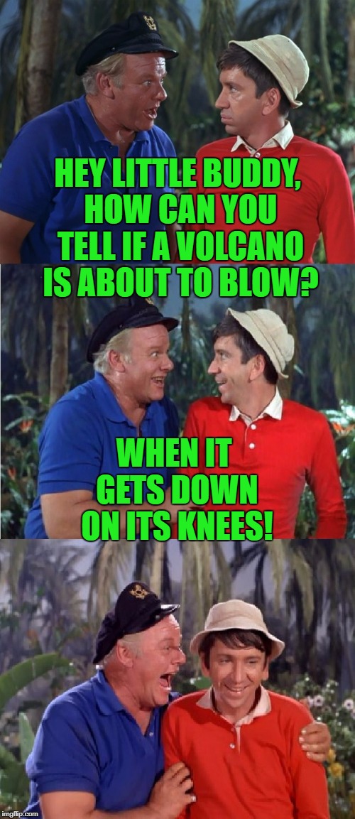 Thanks Beckett! | HEY LITTLE BUDDY, HOW CAN YOU TELL IF A VOLCANO IS ABOUT TO BLOW? WHEN IT GETS DOWN ON ITS KNEES! | image tagged in gilligan bad pun,volcano,blow | made w/ Imgflip meme maker
