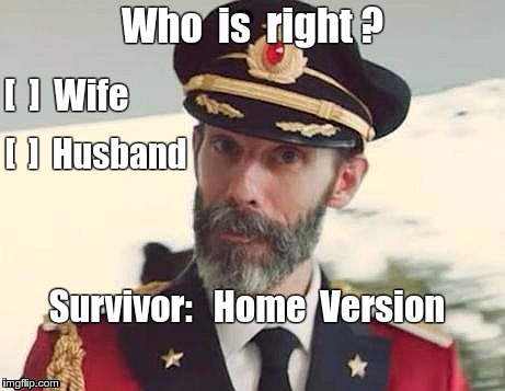 Survivor: Home Version | Who  is  right ? [  ]  Wife; [  ]  Husband; Survivor:   Home  Version | image tagged in captain obvious,memes,survivor | made w/ Imgflip meme maker