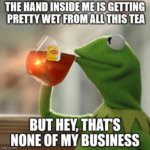 But That's None Of My Business Meme | THE HAND INSIDE ME IS GETTING PRETTY WET FROM ALL THIS TEA; BUT HEY, THAT'S NONE OF MY BUSINESS | image tagged in memes,but thats none of my business,kermit the frog | made w/ Imgflip meme maker