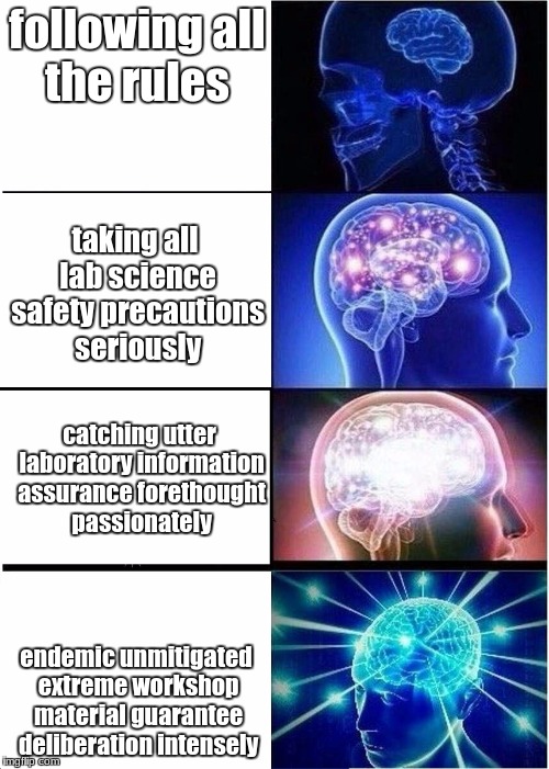 Expanding Brain | following all the rules; taking all lab science safety precautions seriously; catching utter laboratory information assurance forethought passionately; endemic unmitigated extreme workshop material guarantee deliberation intensely | image tagged in expanding brain | made w/ Imgflip meme maker