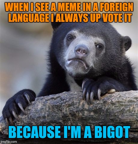 Confession Bear Meme | WHEN I SEE A MEME IN A FOREIGN LANGUAGE I ALWAYS UP VOTE IT; BECAUSE I'M A BIGOT | image tagged in memes,confession bear | made w/ Imgflip meme maker