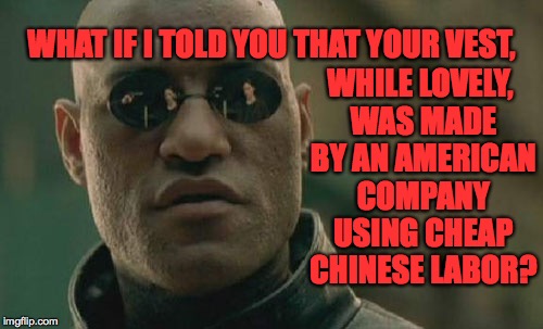 Matrix Morpheus Meme | WHAT IF I TOLD YOU THAT YOUR VEST, WHILE LOVELY, WAS MADE BY AN AMERICAN COMPANY USING CHEAP CHINESE LABOR? | image tagged in memes,matrix morpheus | made w/ Imgflip meme maker