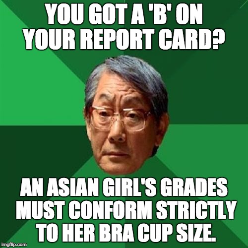 High Expectations Asian Father Meme | YOU GOT A 'B' ON YOUR REPORT CARD? AN ASIAN GIRL'S GRADES MUST CONFORM STRICTLY TO HER BRA CUP SIZE. | image tagged in memes,high expectations asian father | made w/ Imgflip meme maker