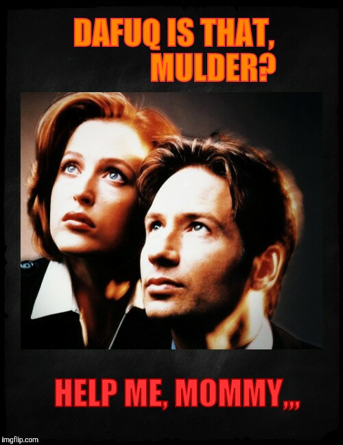 Mulder and Scully gaze to whatever,,, | DAFUQ IS THAT,             MULDER? HELP ME, MOMMY,,, | image tagged in mulder and scully gaze to whatever   | made w/ Imgflip meme maker