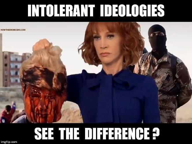 INTOLERANT  IDEOLOGIES; SEE  THE  DIFFERENCE ? | image tagged in kathy griffin,isis extremists,intolerance | made w/ Imgflip meme maker