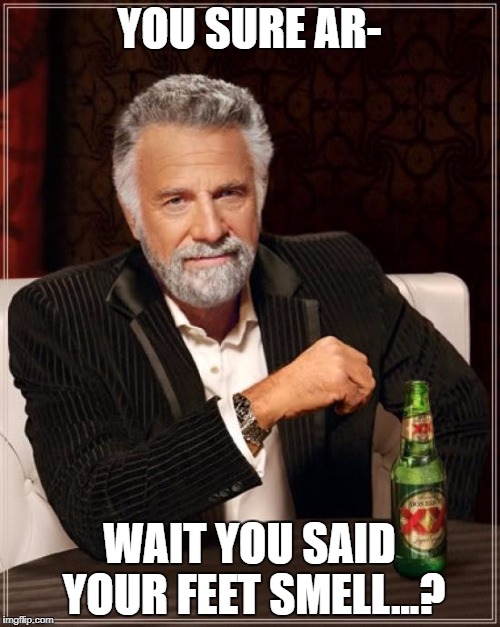 YOU SURE AR- WAIT YOU SAID YOUR FEET SMELL...? | image tagged in memes,the most interesting man in the world | made w/ Imgflip meme maker