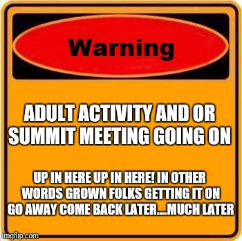 Warning Sign | ADULT ACTIVITY AND OR SUMMIT MEETING GOING ON; UP IN HERE UP IN HERE! IN OTHER WORDS GROWN FOLKS GETTING IT ON GO AWAY COME BACK LATER....MUCH LATER | image tagged in memes,warning sign | made w/ Imgflip meme maker