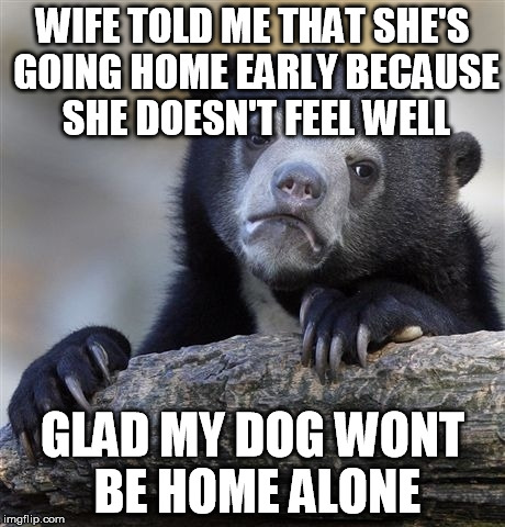 Confession Bear Meme | WIFE TOLD ME THAT SHE'S GOING HOME EARLY BECAUSE SHE DOESN'T FEEL WELL; GLAD MY DOG WONT BE HOME ALONE | image tagged in memes,confession bear,AdviceAnimals | made w/ Imgflip meme maker